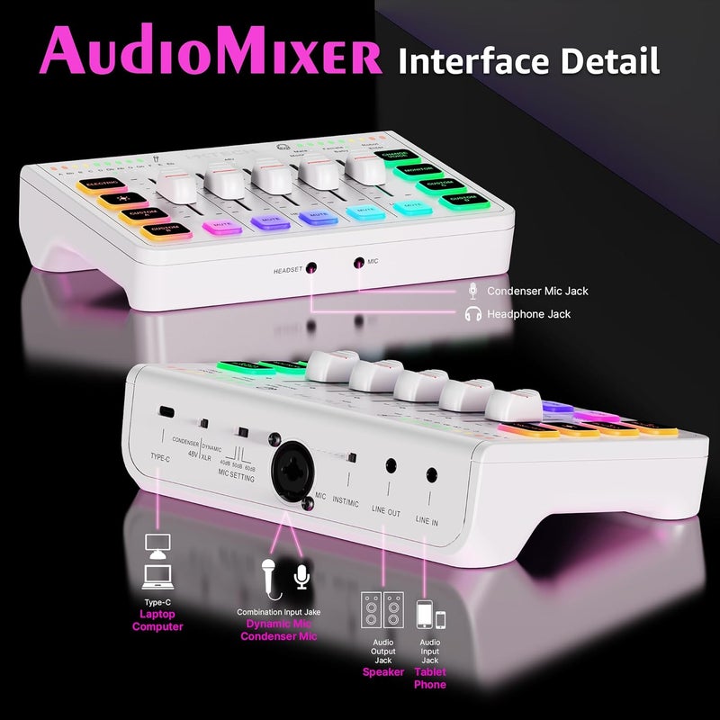 i-XTECH Gaming Audio Mixer 4 Channel Soundboard, Streaming RGB PC Audio Interface with XLR Microphone Support, Audio Equalizer for Gaming Podcast Streaming Karaoke, Individual Volume Controls (White) - Image 4